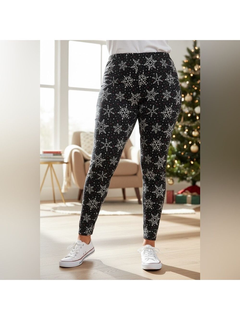 Snowflake Patterned Cotton Black Leggings Size XXL (19)
